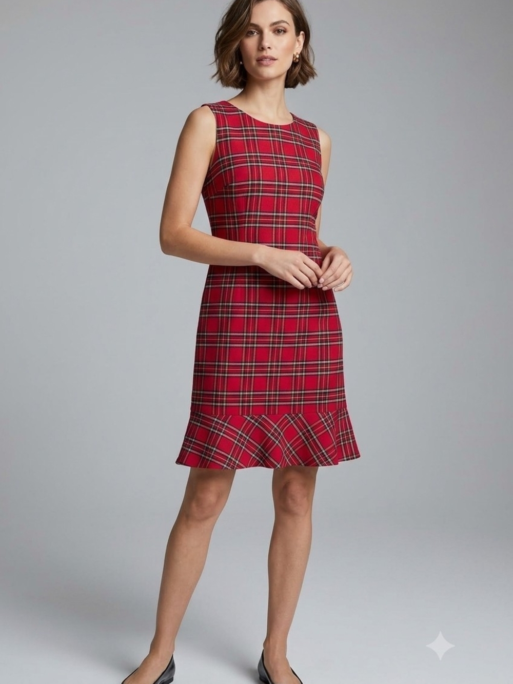 Talbots Red Plaid Sleeveless Ruffle-Hem Sheath Dress